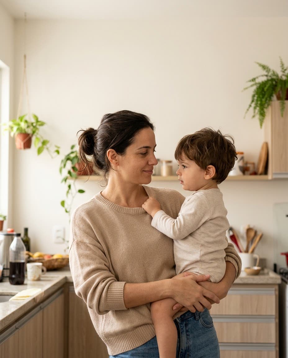 Mãe com o filho no colo na cozinha