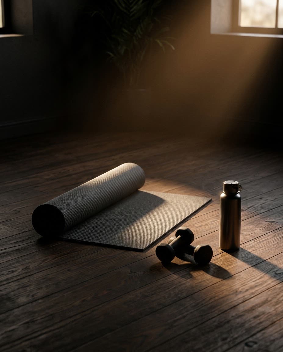 Tapete de exercício e halteres